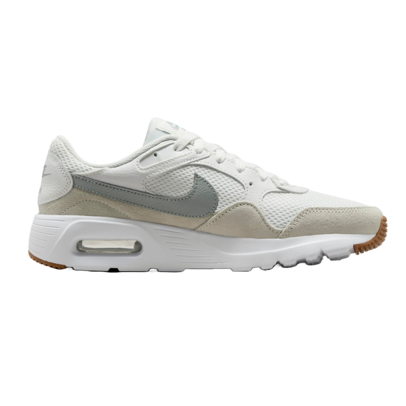 A pair of Nike Air Max sneakers with a light grey upper, white midsole, and gum outsole, featuring the signature Nike swoosh on the side.