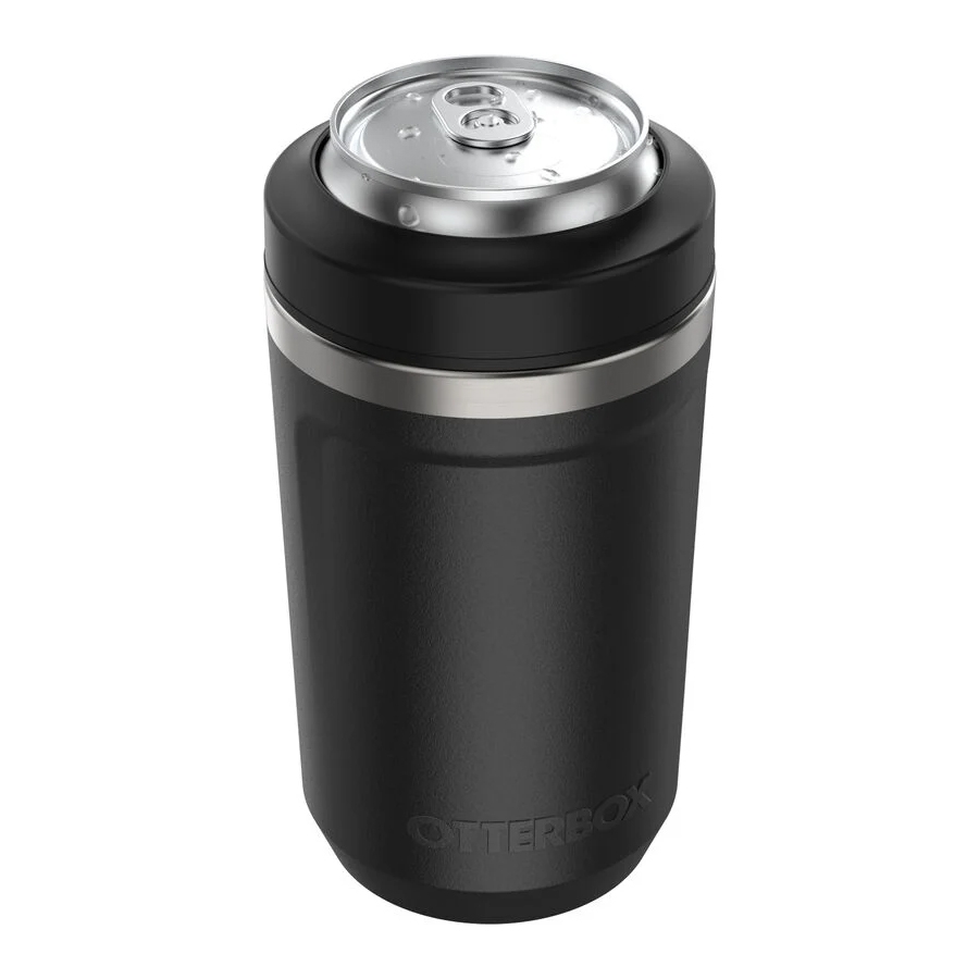 The OtterBox Can Cooler is a black, insulated holder designed to keep canned beverages cold. It features a stainless steel ring and fits standard 12-ounce cans.