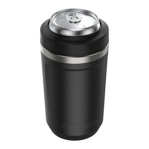 The OtterBox Can Cooler is a black, insulated holder designed to keep canned beverages cold. It features a stainless steel ring and fits standard 12-ounce cans.