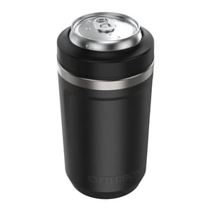 The OtterBox Can Cooler is a black, insulated holder designed to keep canned beverages cold. It features a stainless steel ring and fits standard 12-ounce cans.