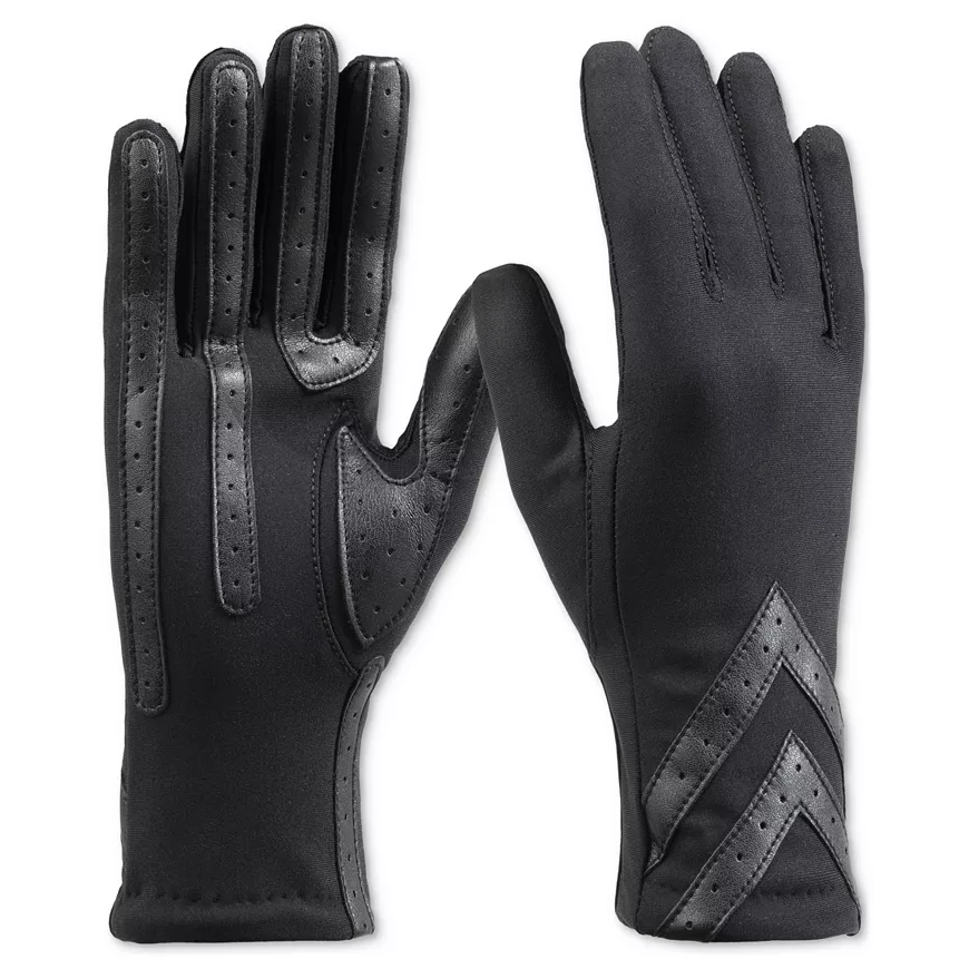 Black gloves with leather accents and perforations for breathability, featuring a chevron design on the back.