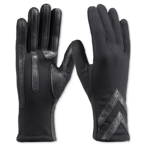 Black gloves with leather accents and perforations for breathability, featuring a chevron design on the back.