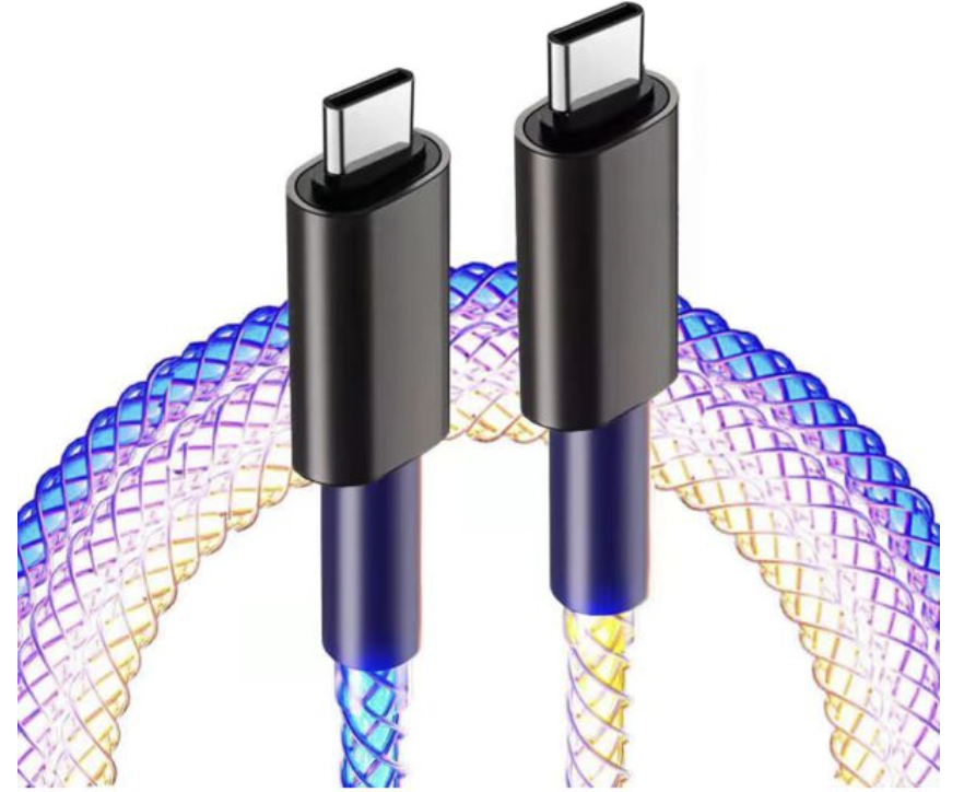 A USB-C charging cable with LED lights integrated into a braided, multicolored design, creating a glowing effect along the length of the cable.