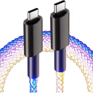 A USB-C charging cable with LED lights integrated into a braided, multicolored design, creating a glowing effect along the length of the cable.