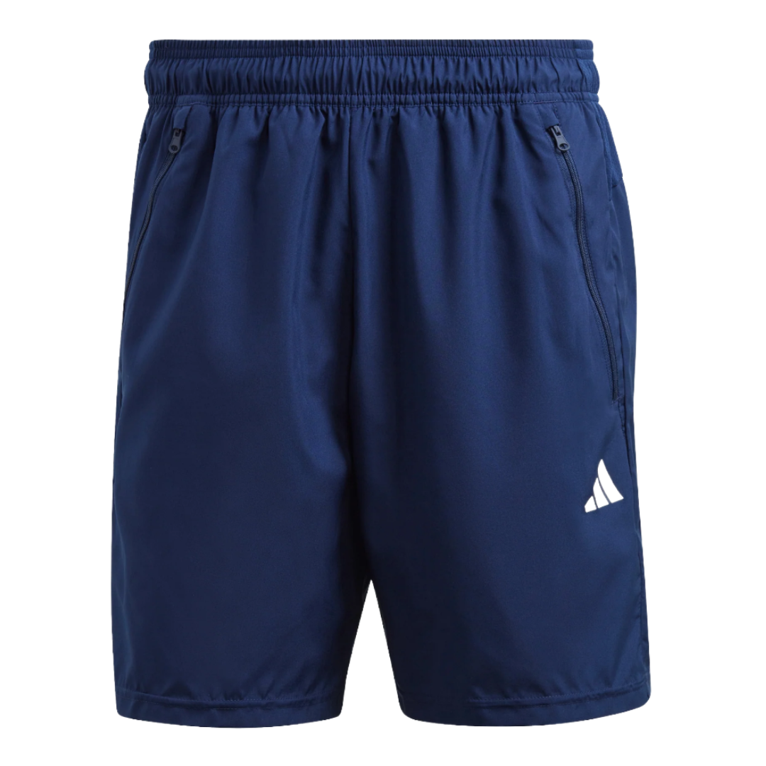 Blue athletic shorts with an elastic waistband, zippered side pockets, and a white logo on the lower left.