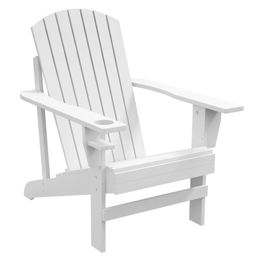 A white Adirondack-style outdoor chair with a slatted back and flat armrests, featuring an integrated cup holder on one arm.