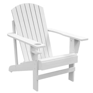 A white Adirondack-style outdoor chair with a slatted back and flat armrests, featuring an integrated cup holder on one arm.