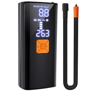 Portable digital tire inflator with a display for PSI, BAR, KPA, and Kg/cm² settings, featuring symbols for cars, bikes, and sports balls; includes a detachable hose with an orange tip.