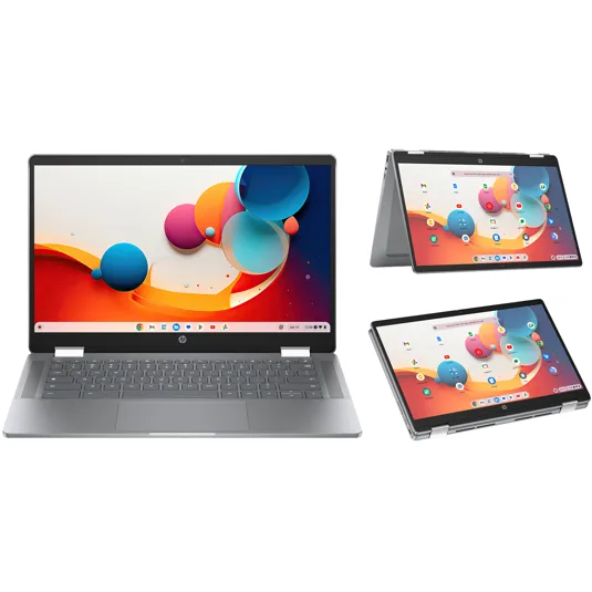 Convertible laptop displayed in three modes: traditional laptop, tent, and tablet.