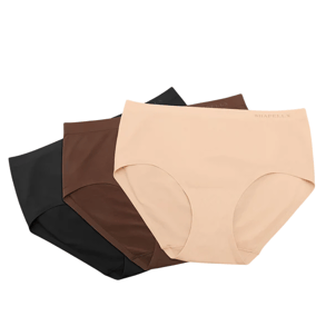 Four pairs of women's seamless underwear in beige, brown, and black colors are displayed flat on a neutral background.