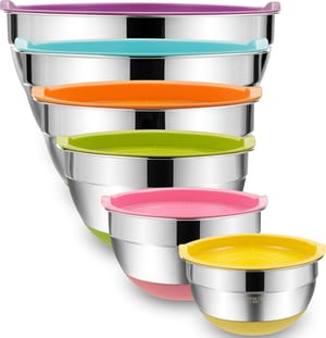 Six stainless steel mixing bowls with colorful airtight lids in purple, blue, orange, green, pink, and yellow. The bowls are stackable for easy storage.