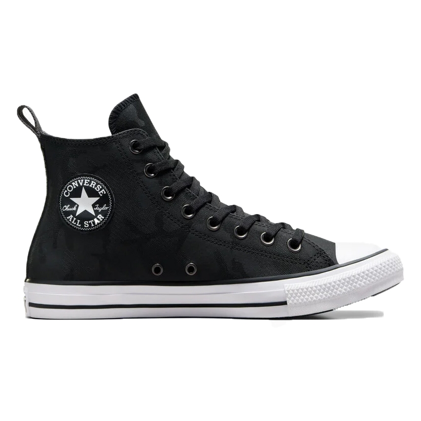 Black high-top Converse Chuck Taylor All Star shoes with a subtle camo pattern, featuring black laces, silver eyelets, and a classic white rubber toe cap and sole. The Converse All Star logo patch is stitched on the side.