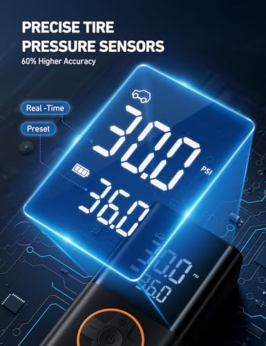 Portable cordless tire inflator with real-time pressure sensors, 60% higher accuracy, and digital display showing 30.0 PSI and preset 36.0 PSI.