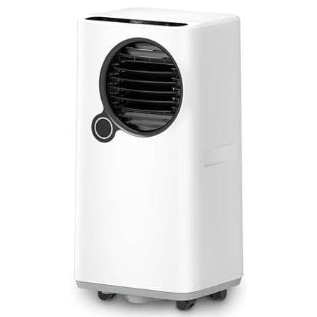 A white portable air conditioner with 16,000 BTU capacity features a circular air outlet with adjustable louvers and wheels at the base for mobility.