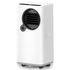 A white portable air conditioner with 16,000 BTU capacity features a circular air outlet with adjustable louvers and wheels at the base for mobility.