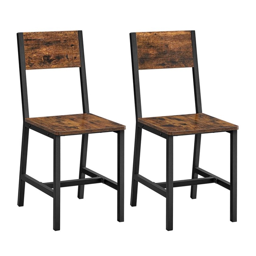 Two dining chairs feature a steel frame with a rustic brown wooden seat and backrest. The design combines industrial and vintage styles, providing a sturdy yet stylish seating option.