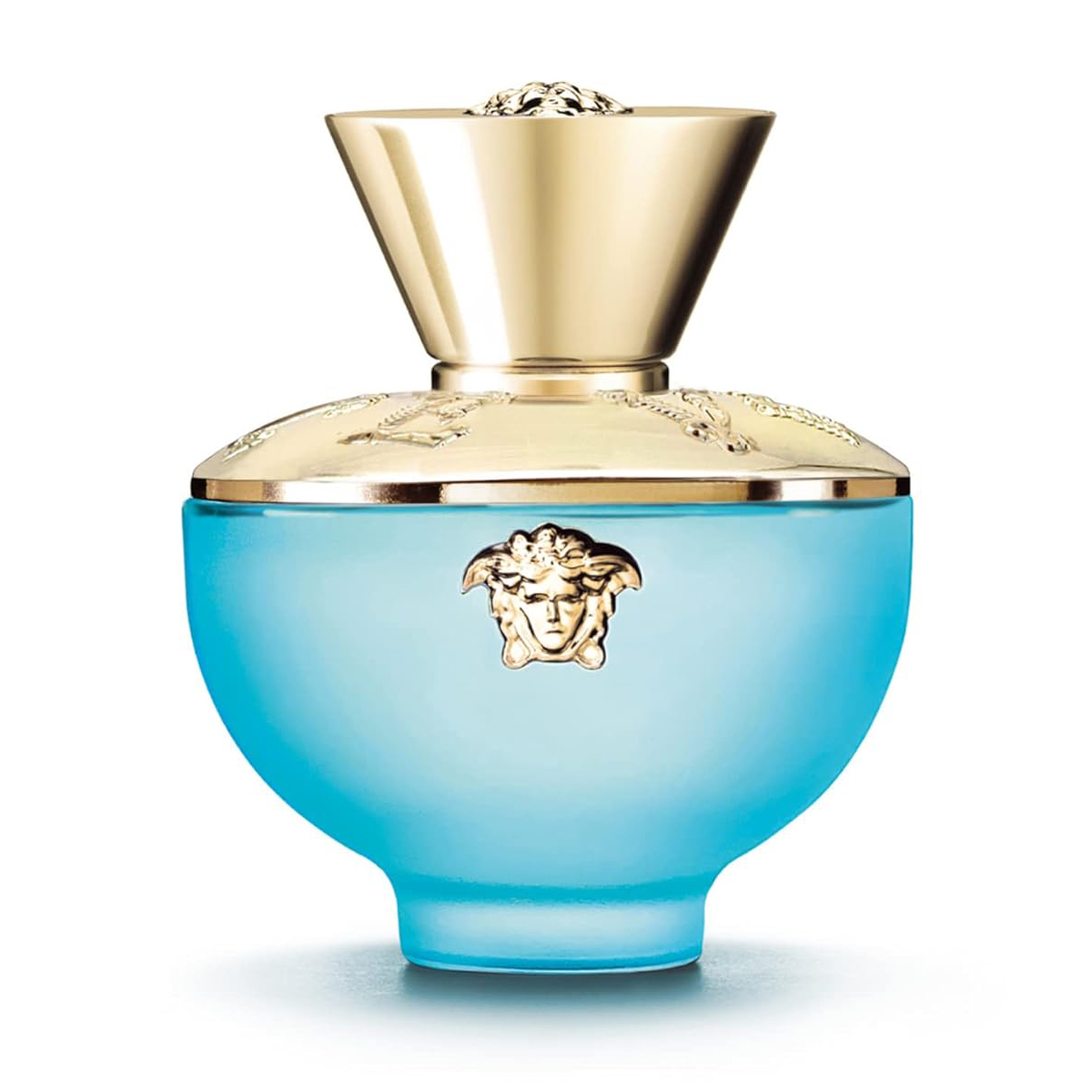 A luxurious, turquoise blue bottle with a gold cap and Medusa emblem, Versace Women's Dylan Turquoise EDT is a light, fresh fragrance.