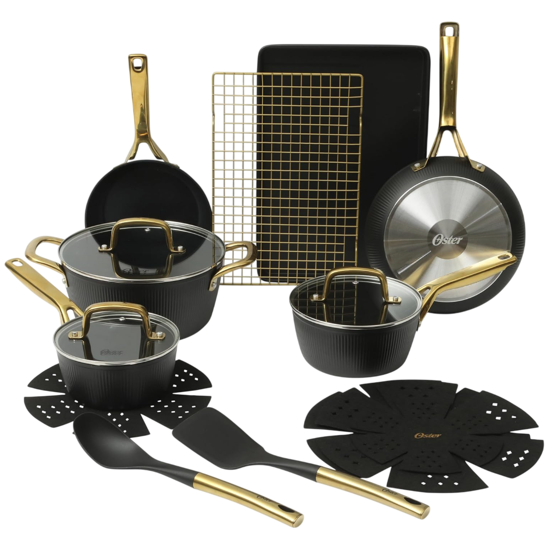 A cookware set featuring pots, pans, utensils, a baking sheet, and cooling rack, all in black with gold accents.