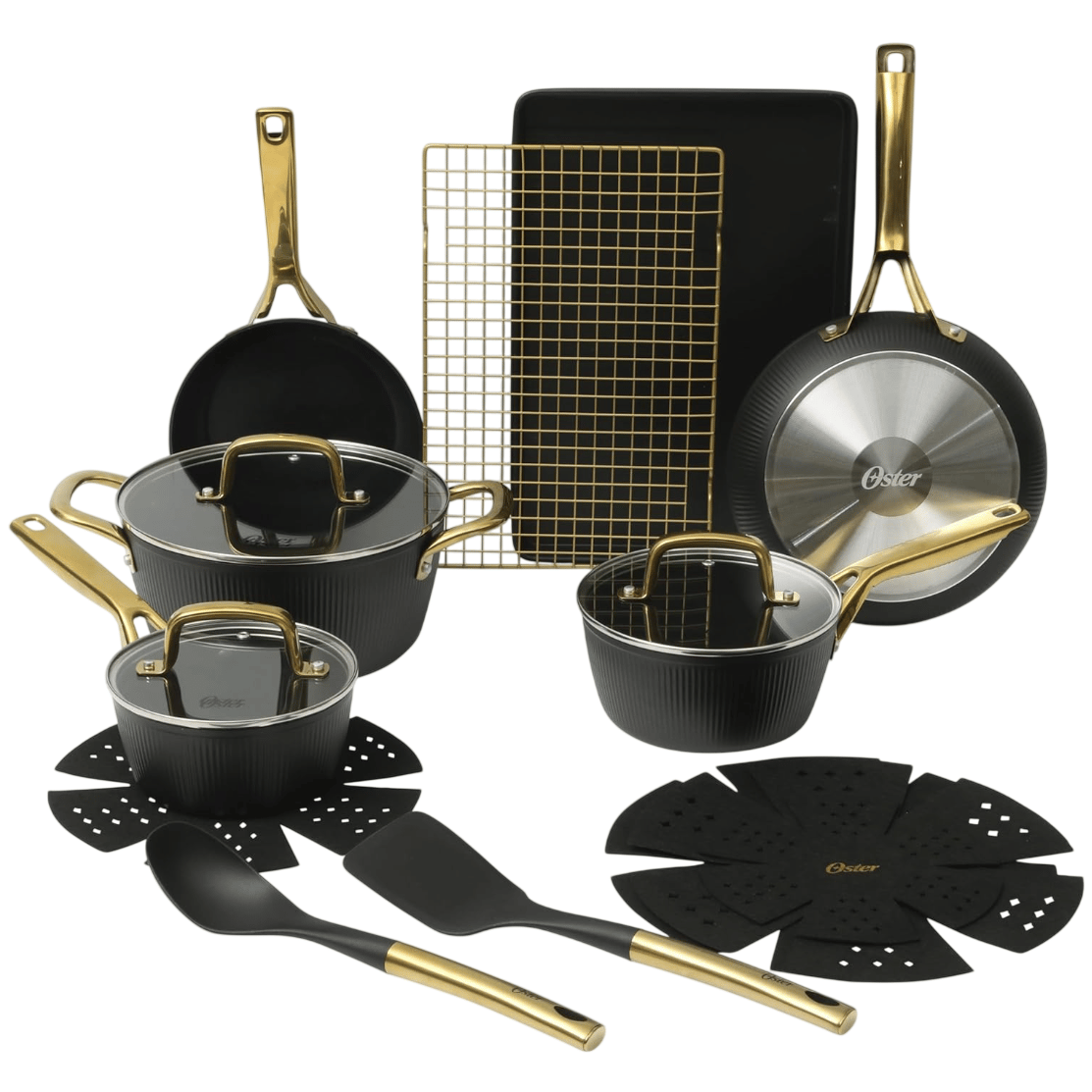 A cookware set featuring pots, pans, utensils, a baking sheet, and cooling rack, all in black with gold accents.