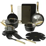 A cookware set featuring pots, pans, utensils, a baking sheet, and cooling rack, all in black with gold accents.