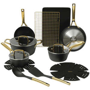 A cookware set featuring pots, pans, utensils, a baking sheet, and cooling rack, all in black with gold accents.