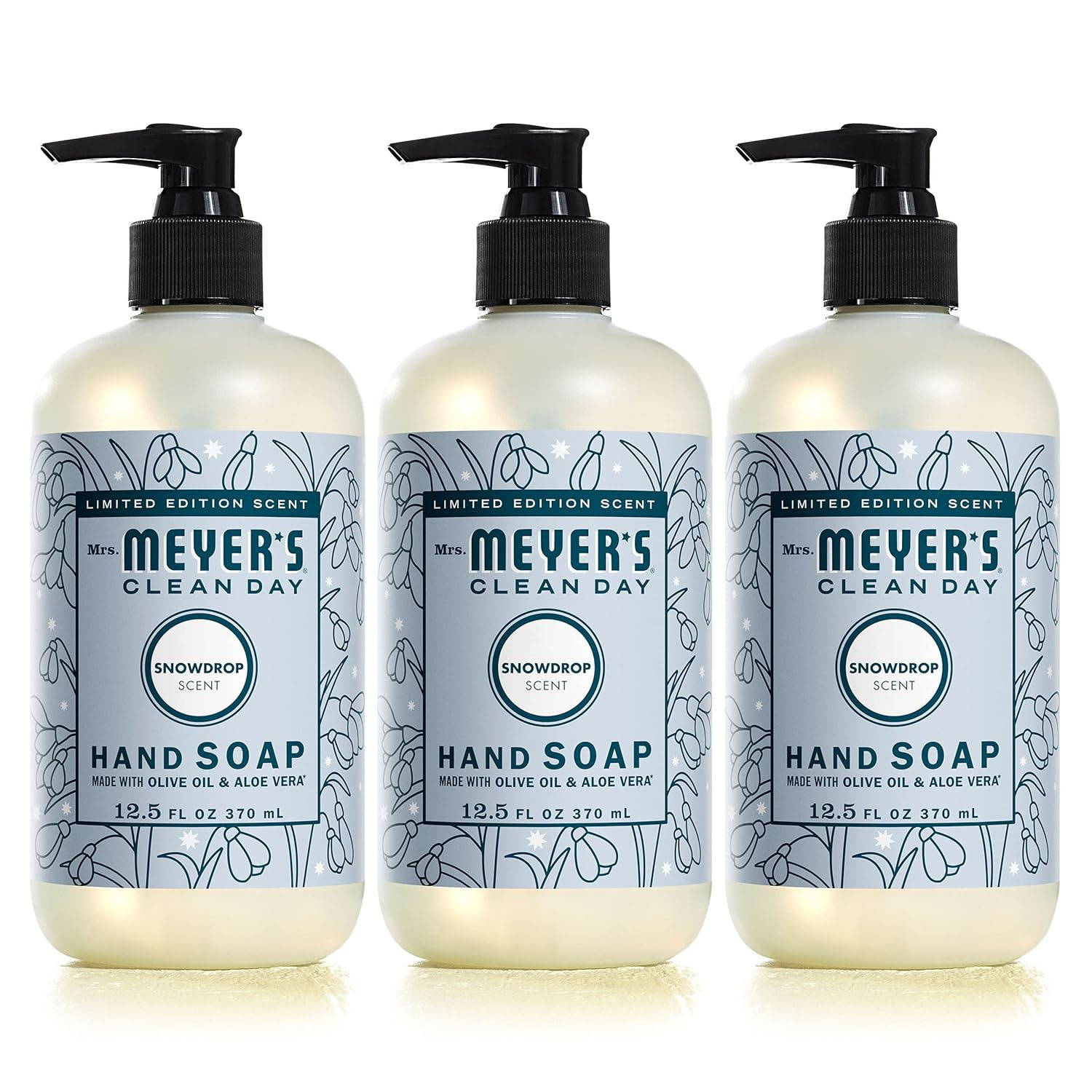 Three bottles of Mrs. Meyer's Clean Day Snowdrop Scent Hand Soap, each 12.5 fl oz (370 mL), featuring a limited edition scent made with olive oil and aloe vera.