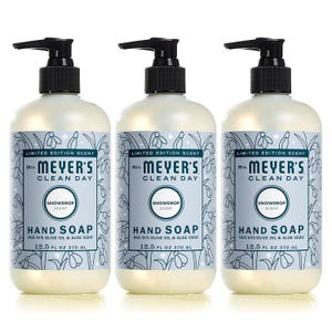 Three bottles of Mrs. Meyer's Clean Day Snowdrop Scent Hand Soap, each 12.5 fl oz (370 mL), featuring a limited edition scent made with olive oil and aloe vera.
