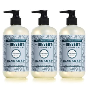 Three bottles of Mrs. Meyer's Clean Day Snowdrop Scent Hand Soap, each 12.5 fl oz (370 mL), featuring a limited edition scent made with olive oil and aloe vera.
