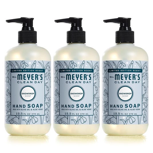Three bottles of Mrs. Meyer's Clean Day Snowdrop Scent Hand Soap, each 12.5 fl oz (370 mL), featuring a limited edition scent made with olive oil and aloe vera.