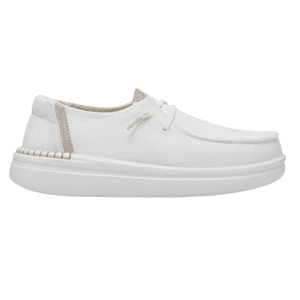 A white casual loafer with a low-profile sole, featuring light pink accents on the lace tips and beige detailing on the heel.