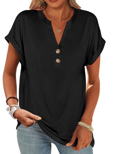 Black short-sleeve blouse with a V-neckline, button details, rolled cuffs, and relaxed fit. Paired with light blue jeans and accessorized with layered necklaces and bracelets.