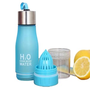 A blue water bottle with a metal cap and citrus infuser, labeled \“H2O Drink More Water,\“ alongside a halved lemon.