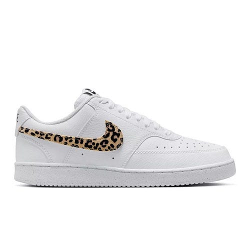 White Nike sneaker featuring a leopard print swoosh design.
