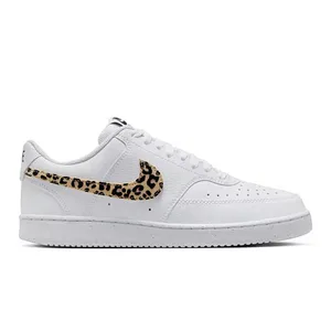 White Nike sneaker featuring a leopard print swoosh design.
