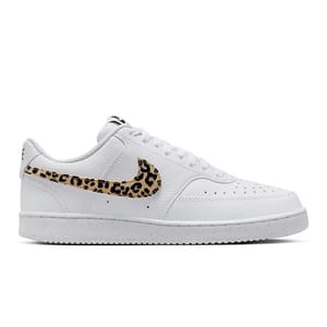 White Nike sneaker featuring a leopard print swoosh design.