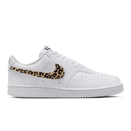 White Nike sneaker featuring a leopard print swoosh design.
