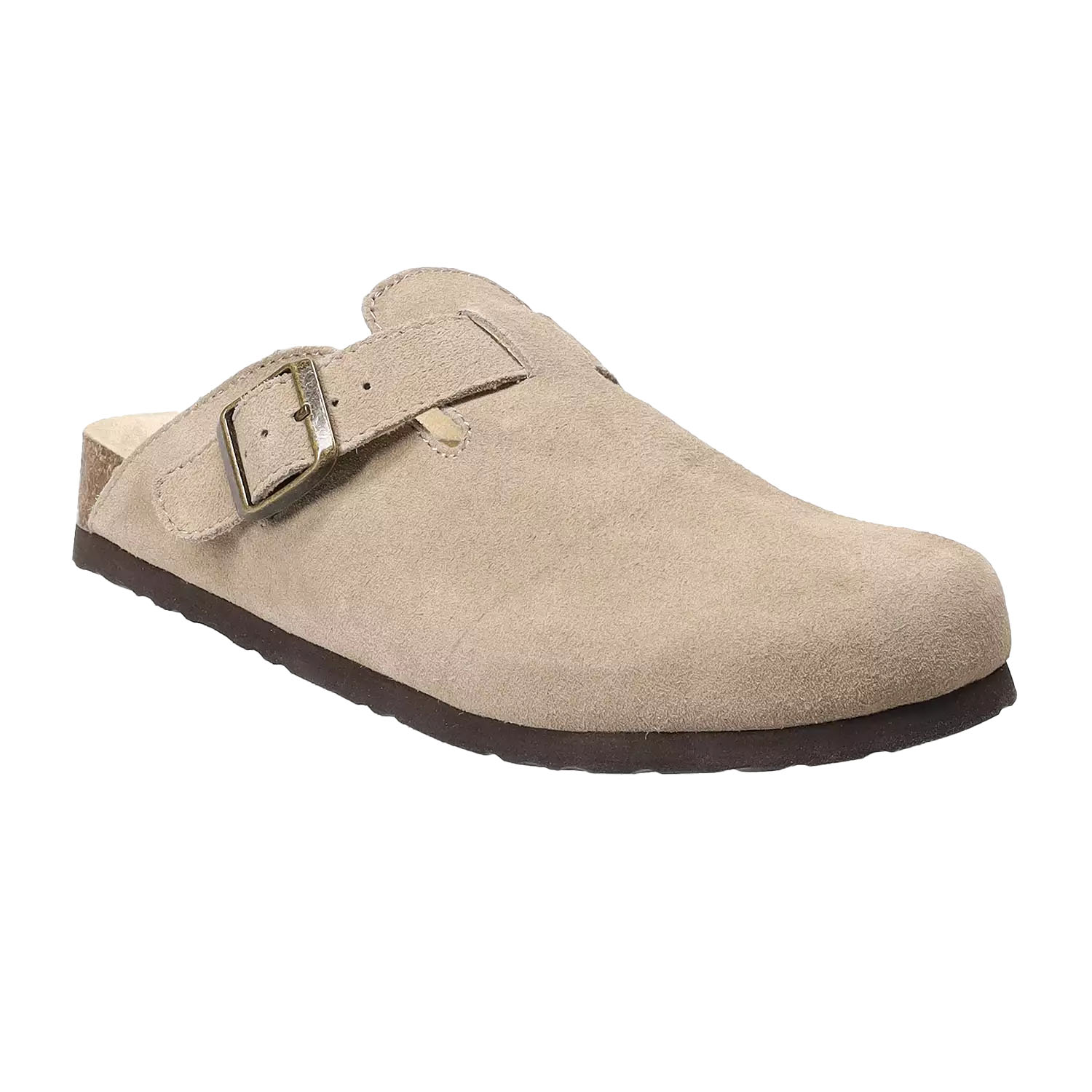 A tan suede mule-style clog with a single adjustable buckle strap and a dark rubber sole.