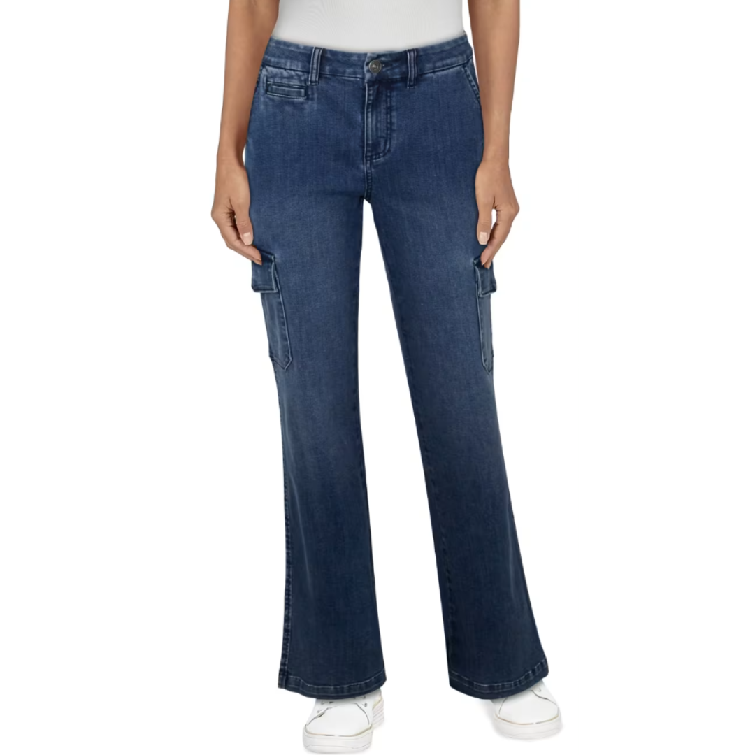 Dark blue, wide-leg cargo jeans with side pockets and a button-zipper closure, paired with white sneakers.