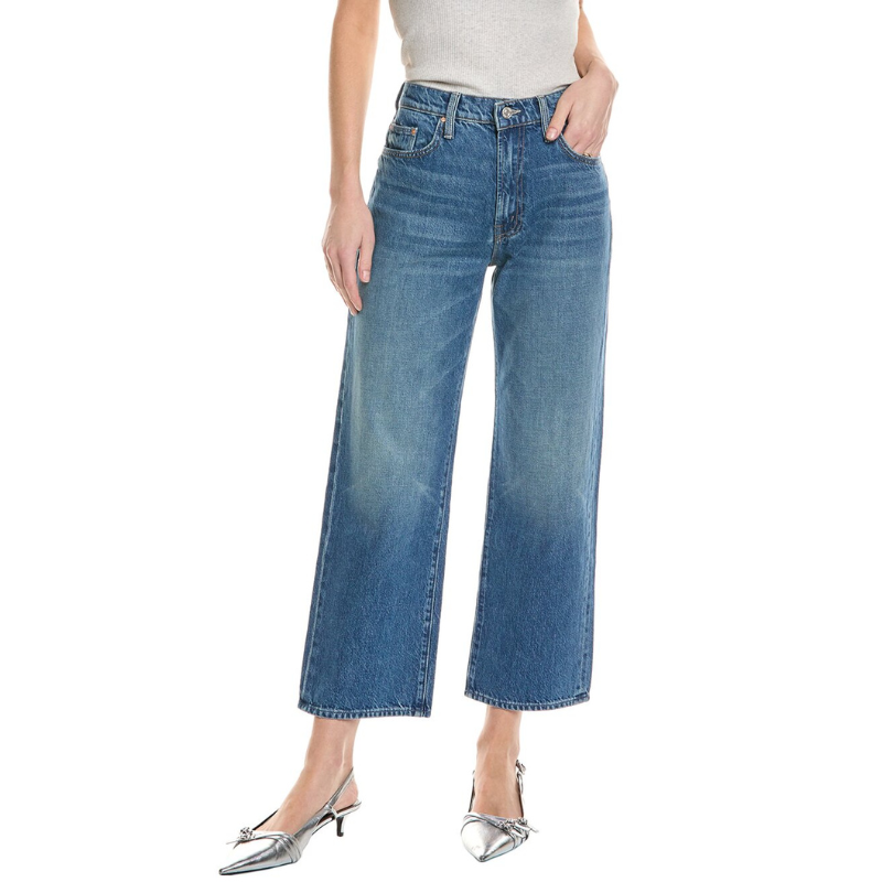 Blue ankle straight leg jeans with a high waist and a slightly faded finish, paired with silver low-heeled shoes and a sleeveless top.