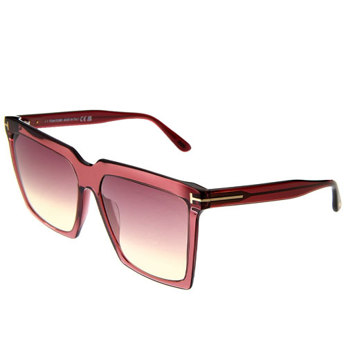 Square red sunglasses with gradient lenses and gold accents on the arms.