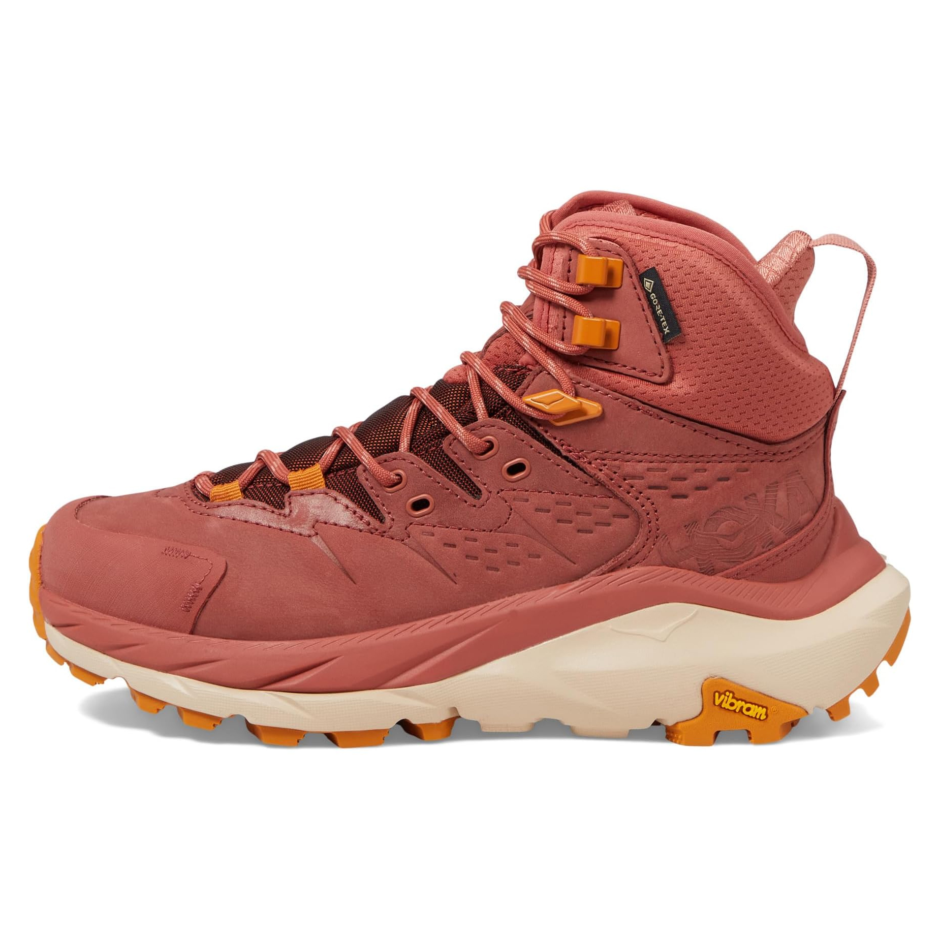 Hoka Kaha 2 Gore-Tex Boots are high-top hiking boots in a rust color, featuring durable waterproof Gore-Tex material, cushioned midsoles, and Vibram soles for enhanced traction.