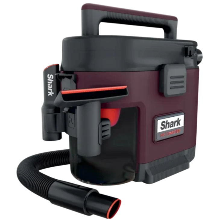 A Shark Megamaster wet/dry vacuum with a compact design featuring an attached hose and integrated brush accessory.