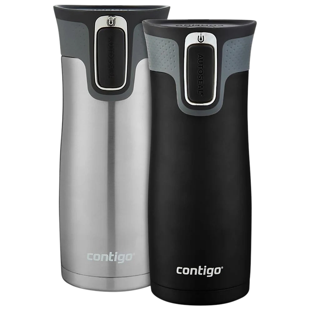 Two Contigo 16oz insulated tumblers, one silver and one black, with AUTOSEAL technology for spill-proof performance.