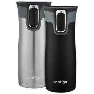Two Contigo 16oz insulated tumblers, one silver and one black, with AUTOSEAL technology for spill-proof performance.