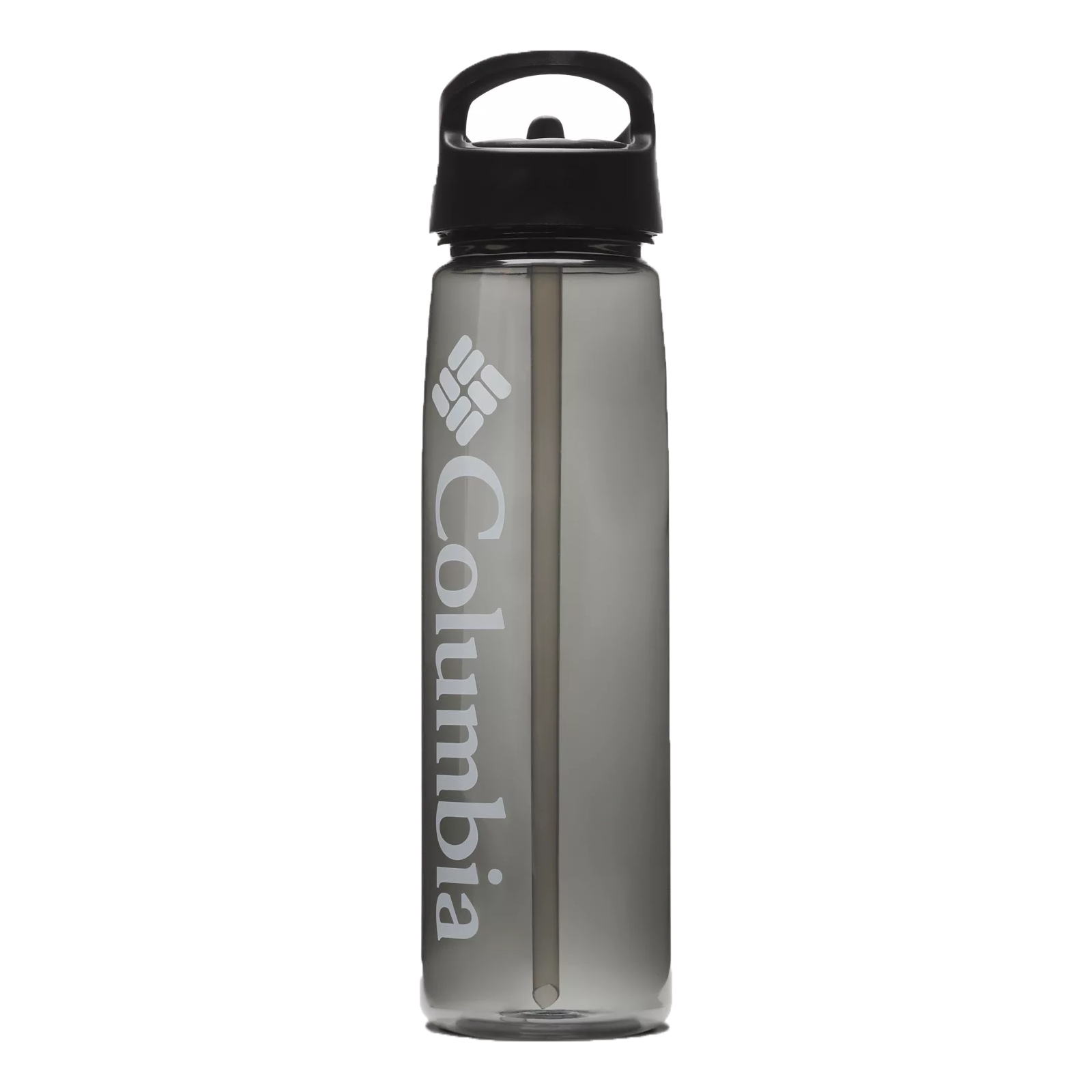 A gray water bottle with Columbia branding features a black handle cap and an internal straw.