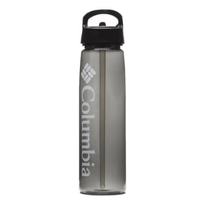 A gray water bottle with Columbia branding features a black handle cap and an internal straw.