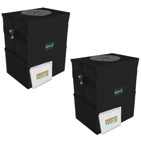 Two black fabric containers with grey circular openings on top, labeled \“Arive.\“ Each has a handle on the side and a white patch on the front with \“Arrive\“ branding.