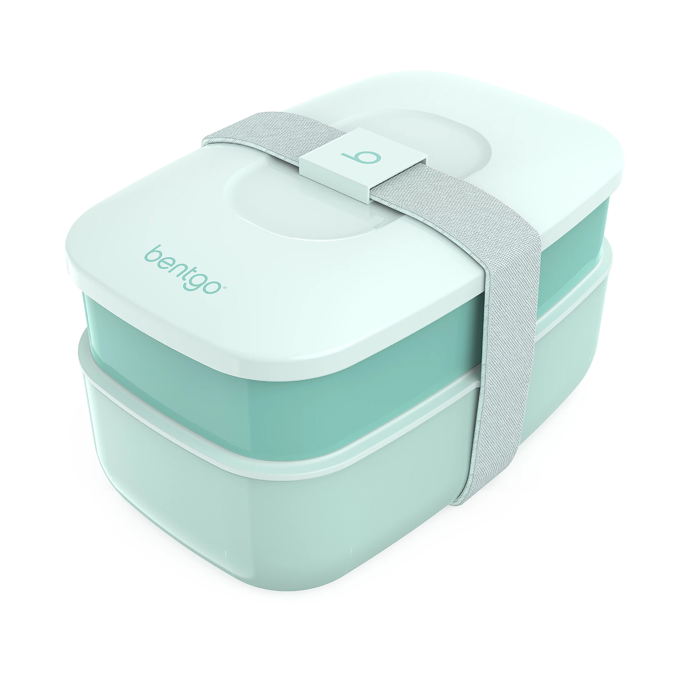 The Bentgo All-in-One Lunch Box is a stackable, mint-green container with two compartments, secured by a gray elastic band. Made for convenient and organized meal storage, it offers a sleek and portable design for carrying lunches.