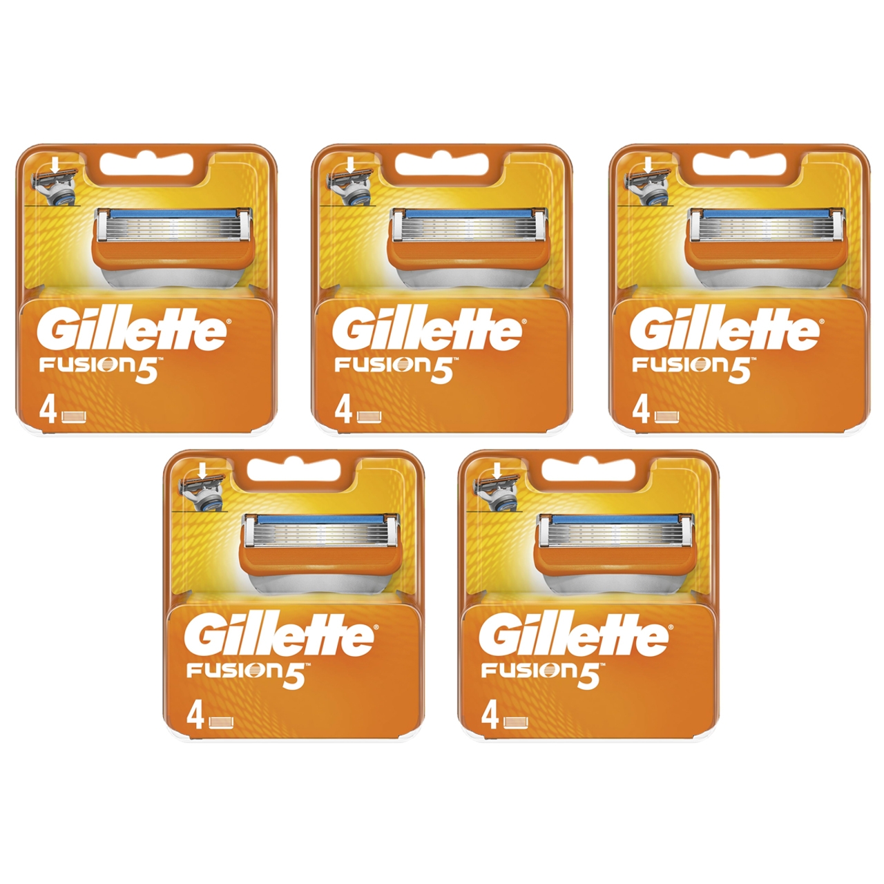 Five packs of Gillette Fusion5 razor blade refills, each containing four blades, totaling 20 blades. The packaging is orange with a clear display of the blade cartridges.