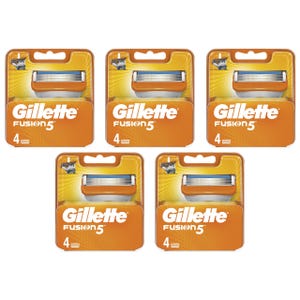 Five packs of Gillette Fusion5 razor blade refills, each containing four blades, totaling 20 blades. The packaging is orange with a clear display of the blade cartridges.